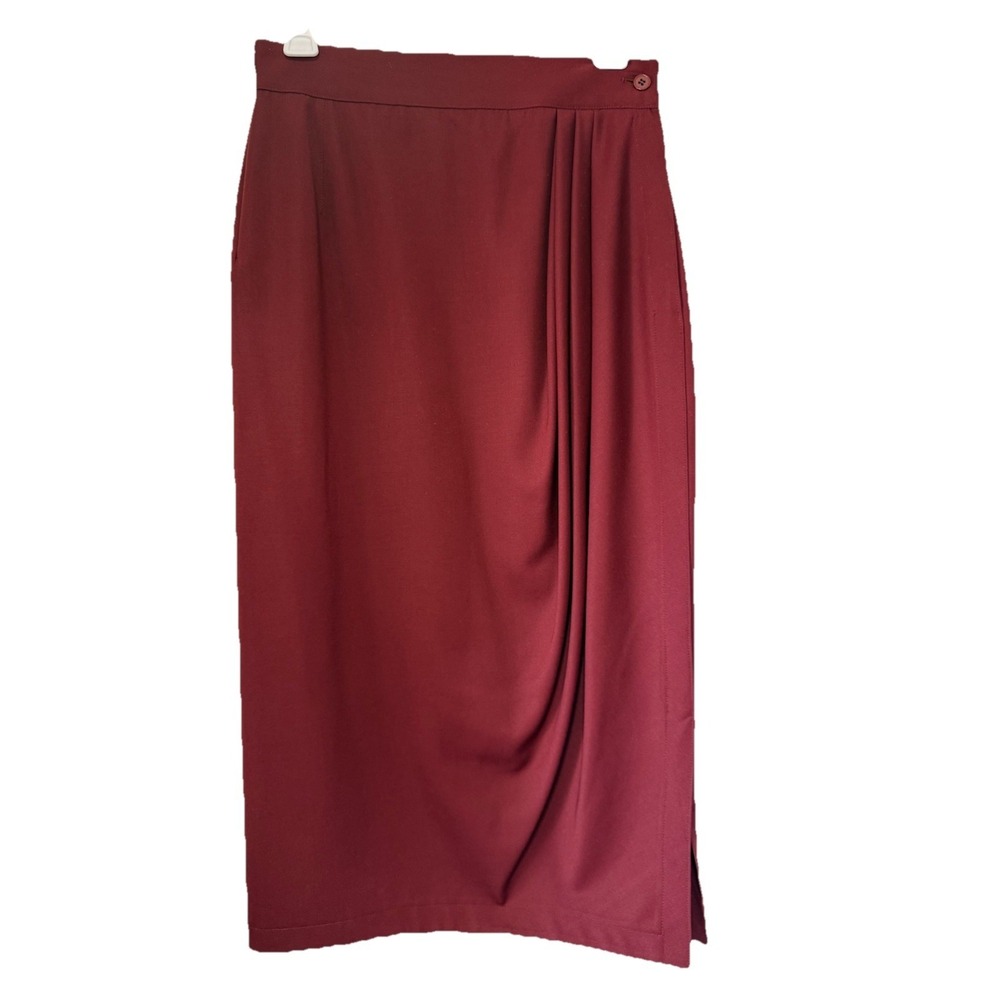 Vintage 100% Wool Midi Skirt Made in Italy Burgundy Faux Wrap Pleated US 8 IT 44